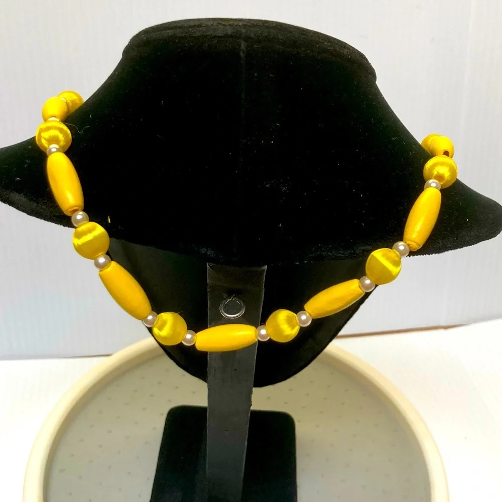SATIN Beads Vintage Yellow Wood Oblong Beads Faux Mini Pearl Beads 26 in
